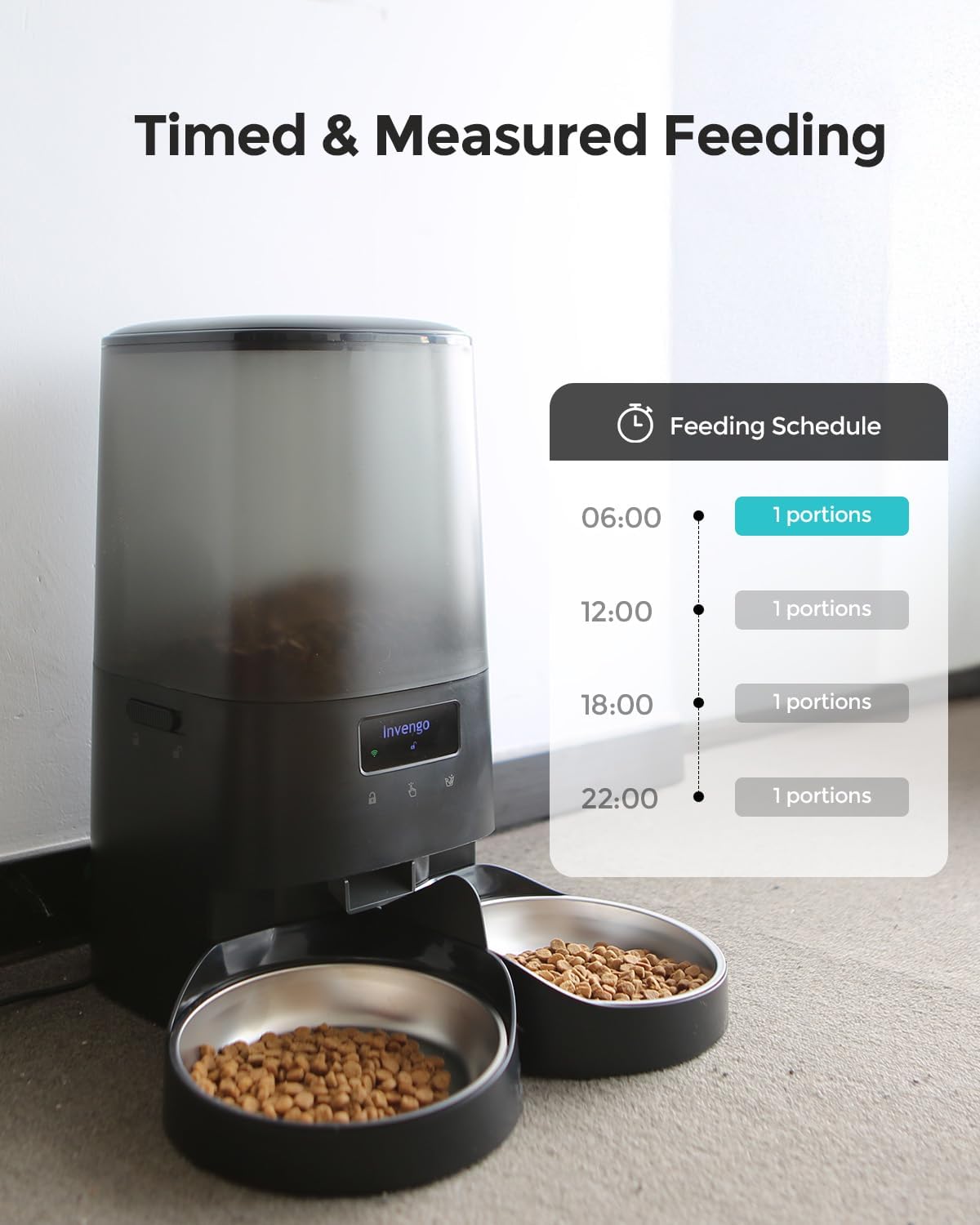 Automatic Cat Feeder - Cat Food Dispenser for 2 Cats Meowserve S20D, Auto Dog Feeder with Stainless Steel Bowls, 5L Pet Feeder with Patented Anti-Jam Port, App, Dual Lock Lid & 2.4G/5G Wifi
