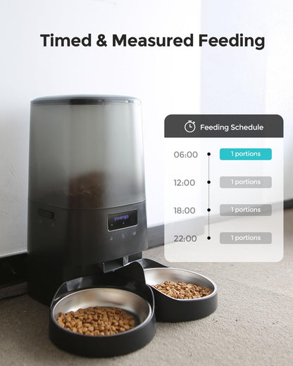 Automatic Cat Feeder - Cat Food Dispenser for 2 Cats Meowserve S20D, Auto Dog Feeder with Stainless Steel Bowls, 5L Pet Feeder with Patented Anti-Jam Port, App, Dual Lock Lid & 2.4G/5G Wifi