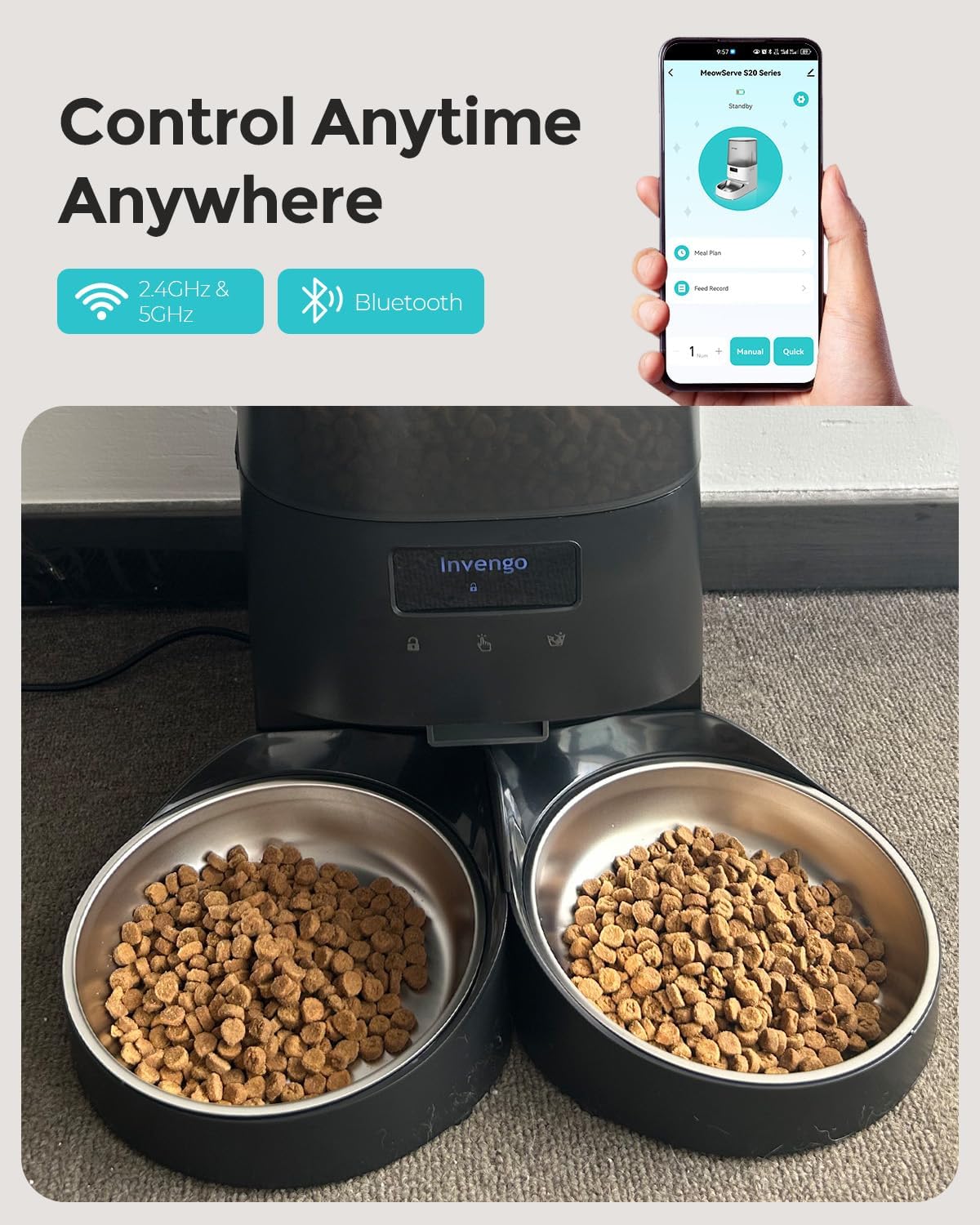 Automatic Cat Feeder - Cat Food Dispenser for 2 Cats Meowserve S20D, Auto Dog Feeder with Stainless Steel Bowls, 5L Pet Feeder with Patented Anti-Jam Port, App, Dual Lock Lid & 2.4G/5G Wifi