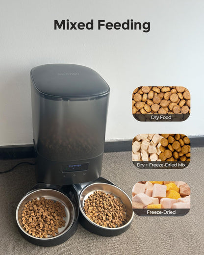 Automatic Cat Feeder - Cat Food Dispenser for 2 Cats Meowserve S20D, Auto Dog Feeder with Stainless Steel Bowls, 5L Pet Feeder with Patented Anti-Jam Port, App, Dual Lock Lid & 2.4G/5G Wifi