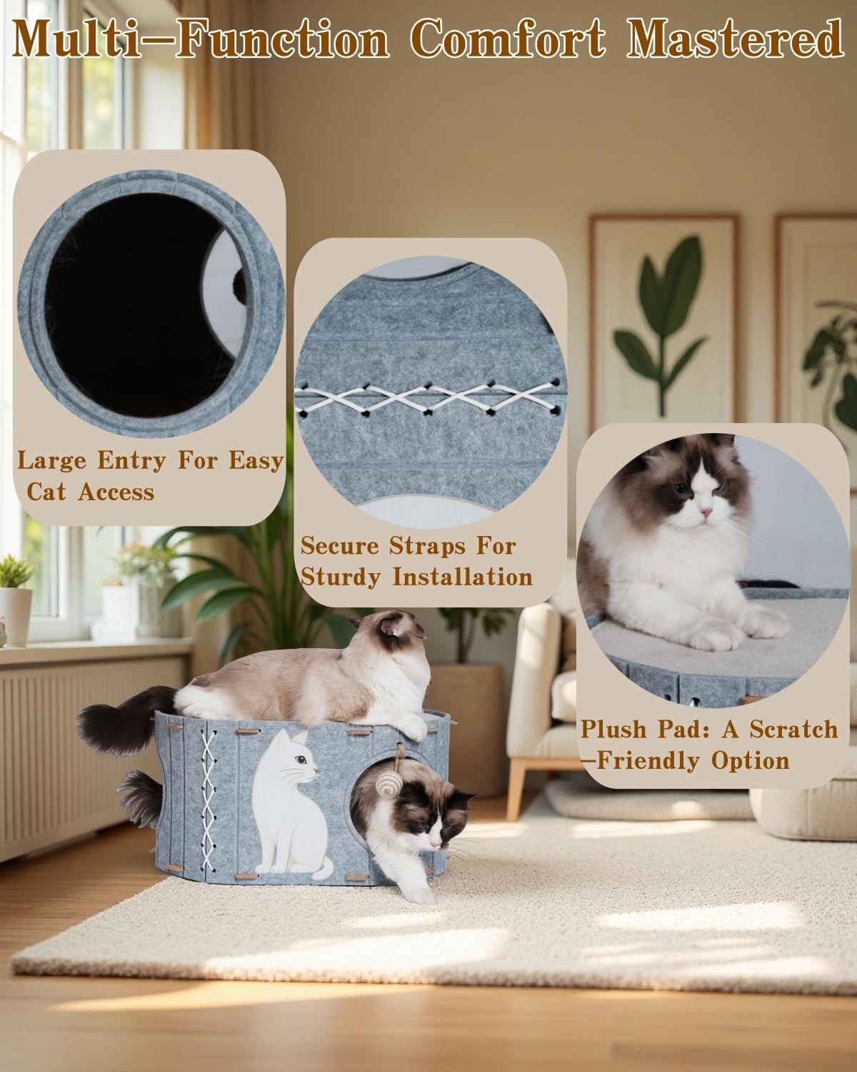 2-In-1 Large Cat House for Indoor Cats, Felt Cat Cave with Cushion, Dual Entrances & Sisal Ball Toy, Enclosed Bed for Large Cats or Multi-Cat Use, Supports 88 Lbs
