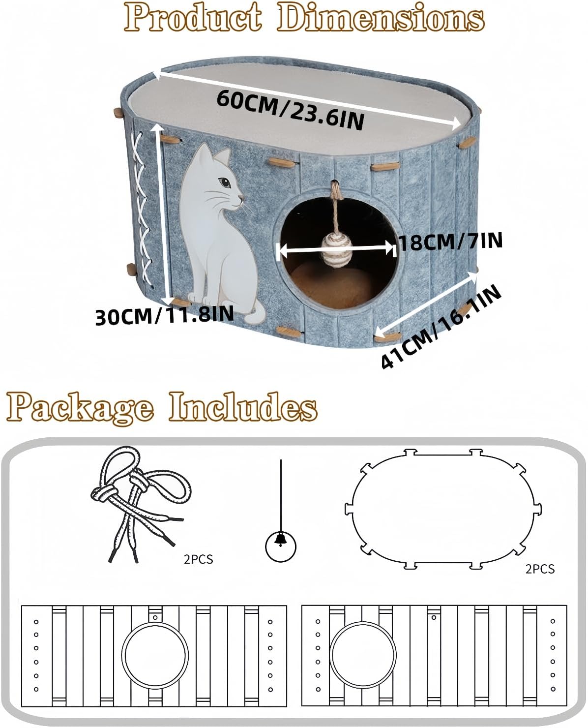 2-In-1 Large Cat House for Indoor Cats, Felt Cat Cave with Cushion, Dual Entrances & Sisal Ball Toy, Enclosed Bed for Large Cats or Multi-Cat Use, Supports 88 Lbs
