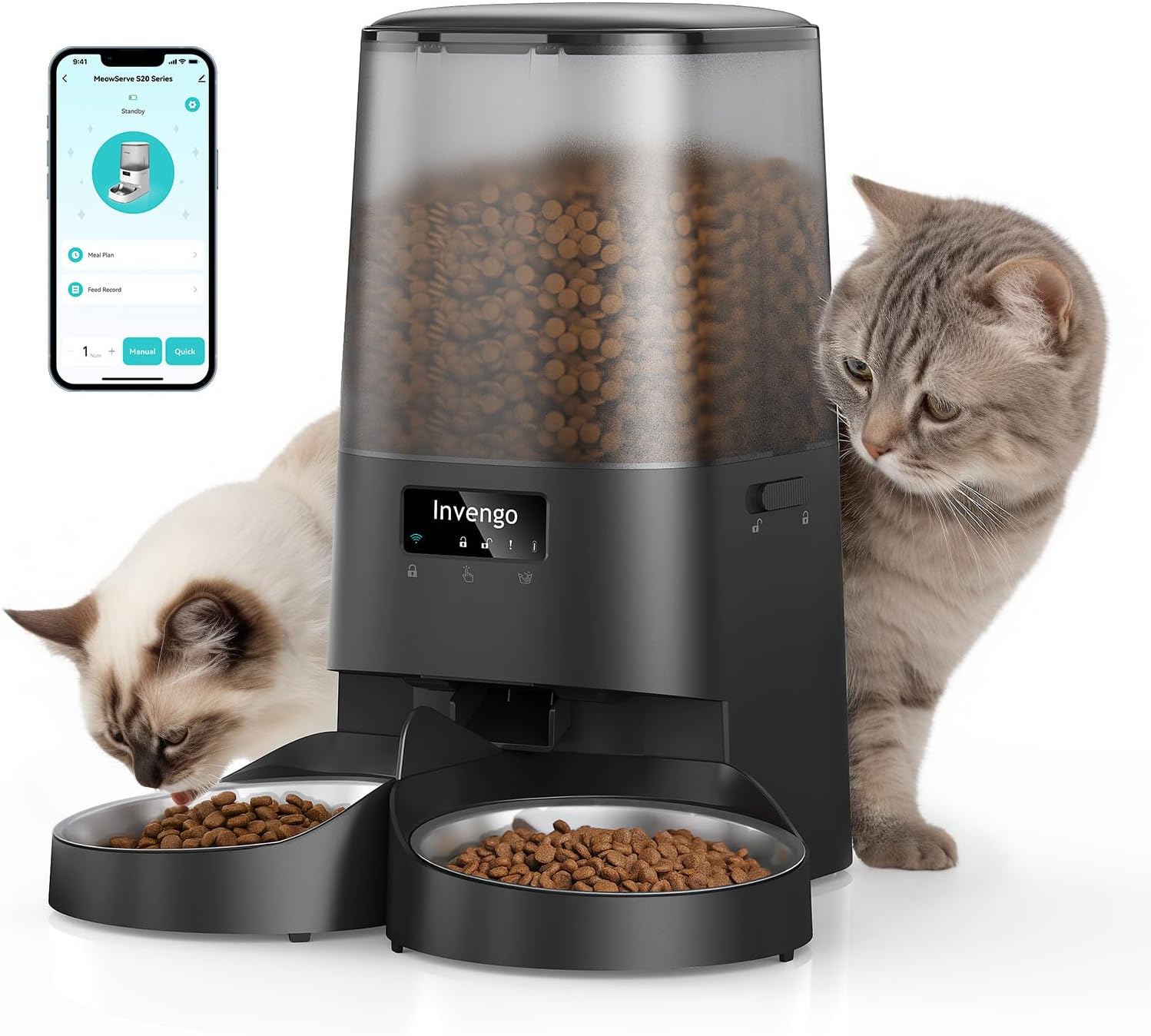 Automatic Cat Feeder - Cat Food Dispenser for 2 Cats Meowserve S20D, Auto Dog Feeder with Stainless Steel Bowls, 5L Pet Feeder with Patented Anti-Jam Port, App, Dual Lock Lid & 2.4G/5G Wifi