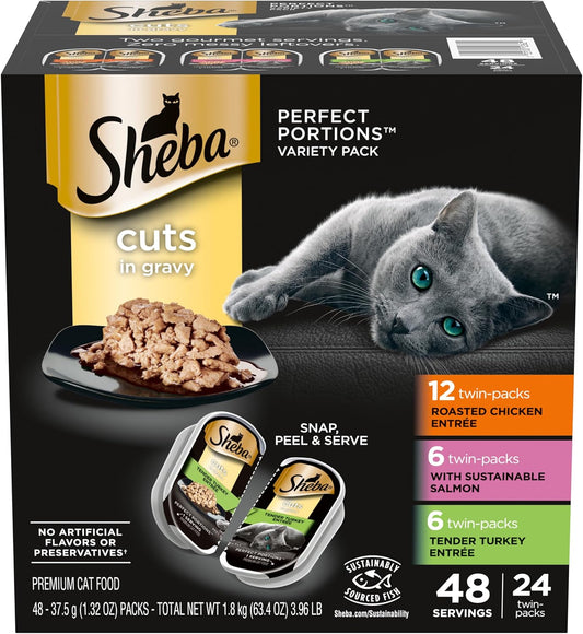 Perfect Portions Wet Cat Food Cuts in Gravy Variety Pack, Roasted Chicken Entree, with Sustainable Salmon, and Tender Turkey Entree, 2.6 Oz. Twin-Pack Trays (24 Count, 48 Servings)